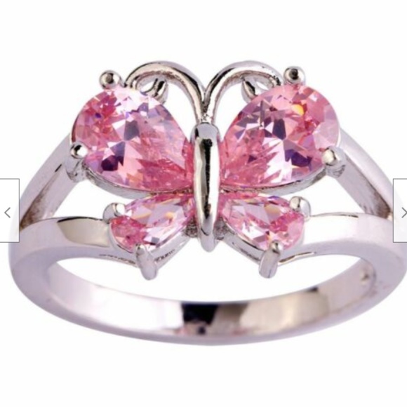Silver Butterfly Cocktail Ring Size 11 Pink Cubic Zirconia Rhodium Plated - Picture 3 of 7